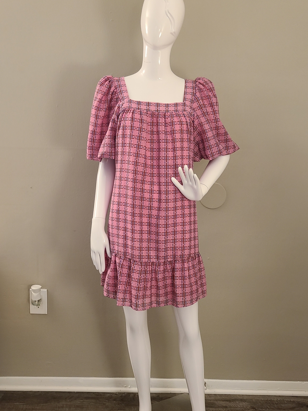 Marie Oliver Pink Plaid Square-Neck Ruffle Dress